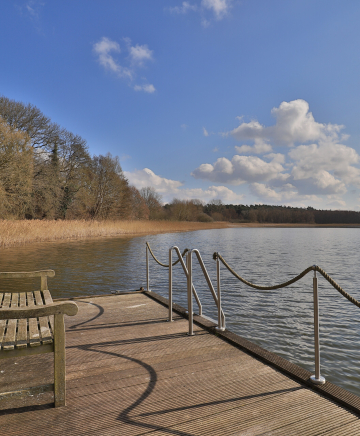 Eine Bank auf einem Steg. Der Steg liegt in einem See.