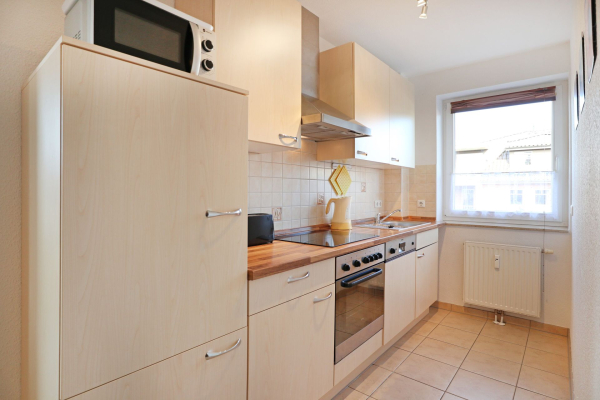 Blick auf die offene Küchenzeile mit Kühlschrank, Mikrolwelle, Backofen, Ceranfeld und Geschirrspüler