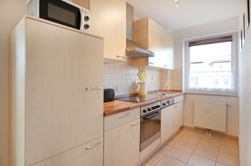 Blick auf die offene Küchenzeile mit Kühlschrank, Mikrolwelle, Backofen, Ceranfeld und Geschirrspüler