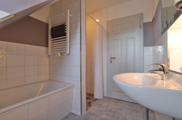 Badewanne, Waschbecken, Dusche und Zugangstür