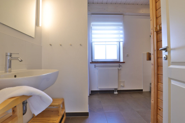 Ruhe-Insel Ferienhaus - Blick in das Duschbad mit Sauna im EG