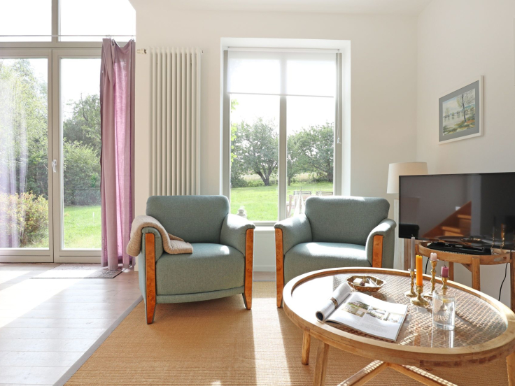 Schwanhaus - Blick vom Sofa auf den TV und die Natur