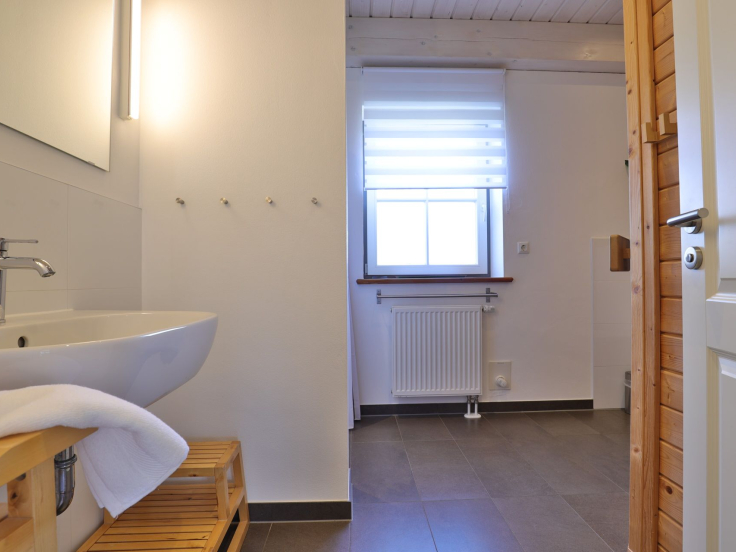 Ruhe-Insel Ferienhaus - Blick in das Duschbad mit Sauna im EG