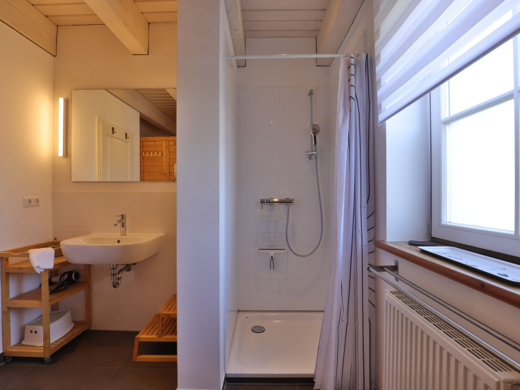 Ruhe-Insel Ferienhaus - Blick in das Duschbad mit Sauna im EG