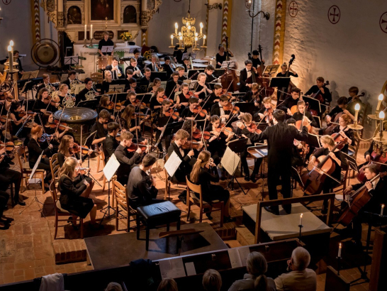 Ein Orchester spielt in einem historischen Saal.