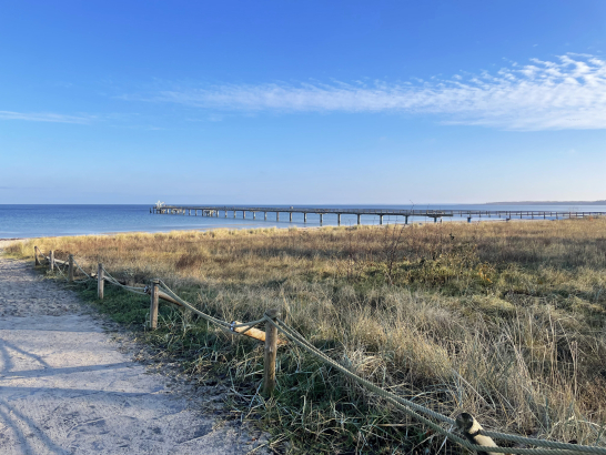 Strandaufgang mit Blick auf die Seebrücke im Ostseebad Boltenhagen